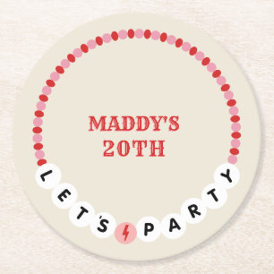 Let's Party Friendship Bracelet Red Pink Birthday Round Paper Coaster