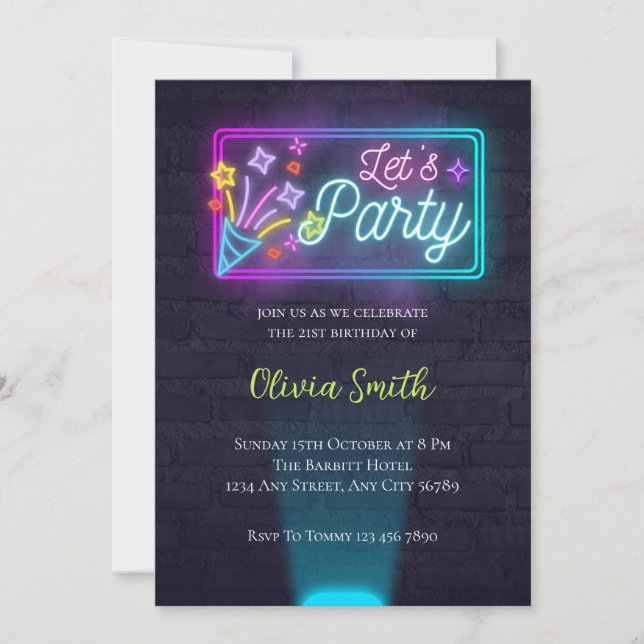 Let's Party | Glow Party | Neon Light Birthday Invitation (Front)