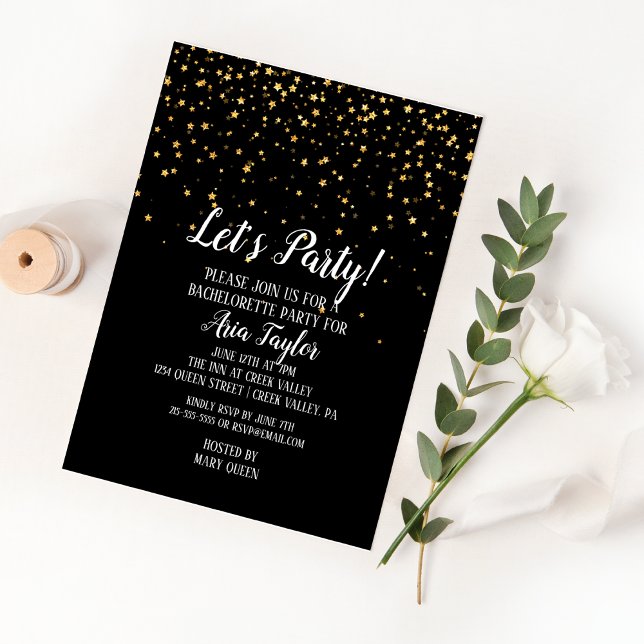 Let's Party Gold Confetti on Black Bachelorette Invitation (Creator Uploaded)