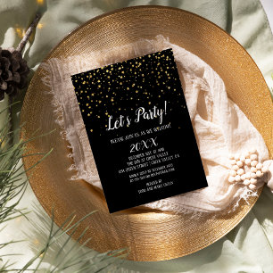 Let's Party Gold Confetti on Black New Year's Eve Invitation