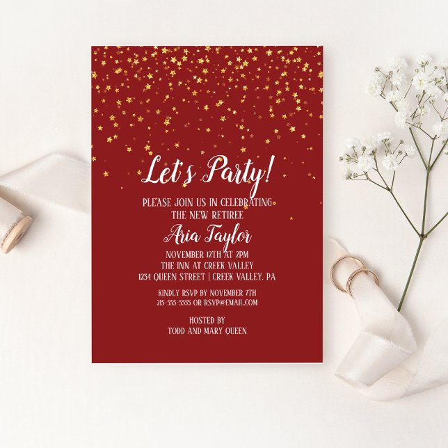 Let's Party Gold Confetti on Burgundy Retirement Invitation (Creator Uploaded)