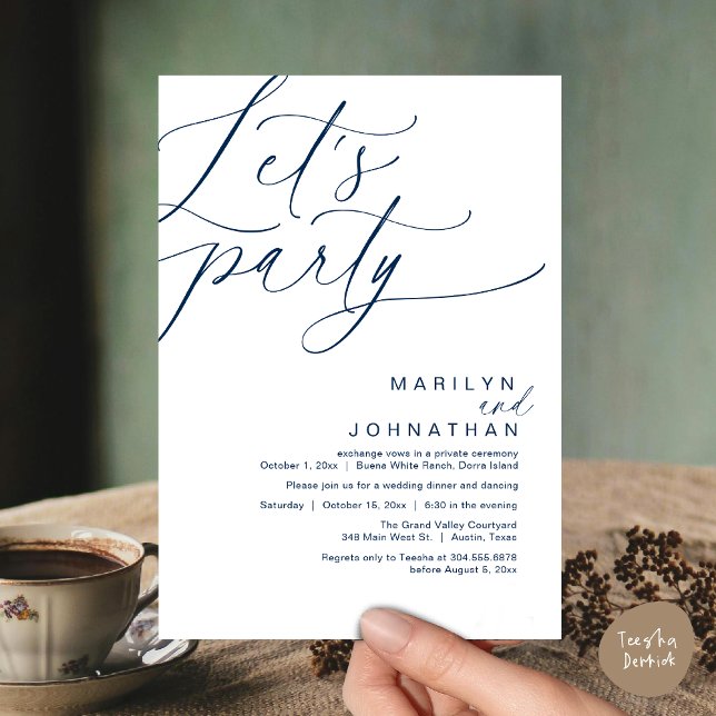 Let's Party Happily Ever After Wedding Dinner Invitation (Let's Party Happily Ever After Modern Romantic Wedding Dinner Invitation Card PDF Navy Blue)
