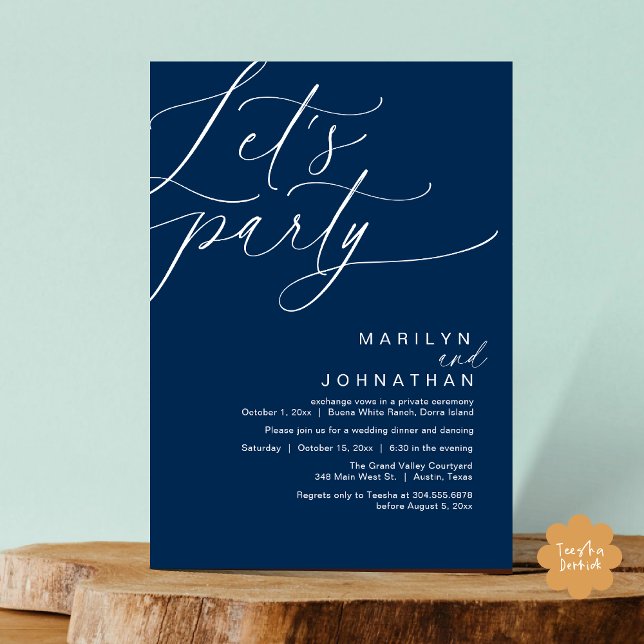 Let's Party Happily Ever After Wedding Dinner Invitation (Let's Party Happily Ever After Modern Romantic Wedding Dinner Invitation Card PDF Navy Blue)