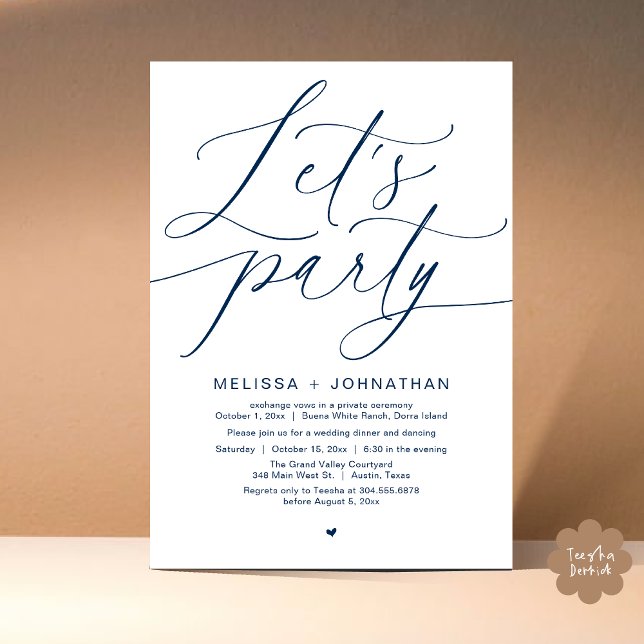 Let's Party Happily Ever After Wedding Dinner Invitation (Let's Party Happily Ever After Romantic Modern Wedding Dinner Invitation Card PDF Navy Blue)