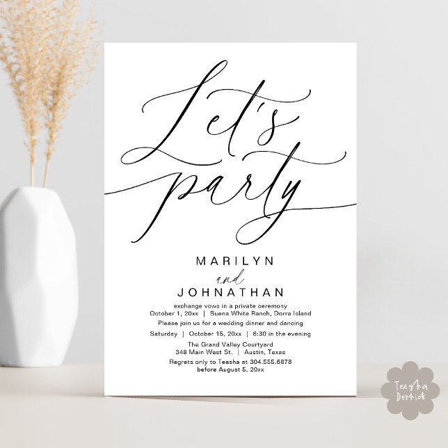 Let's Party Happily Ever After Wedding Dinner Invitation (Let's Party Happily Ever After Romantic Modern Wedding Dinner Invitation Card PDF White Black)