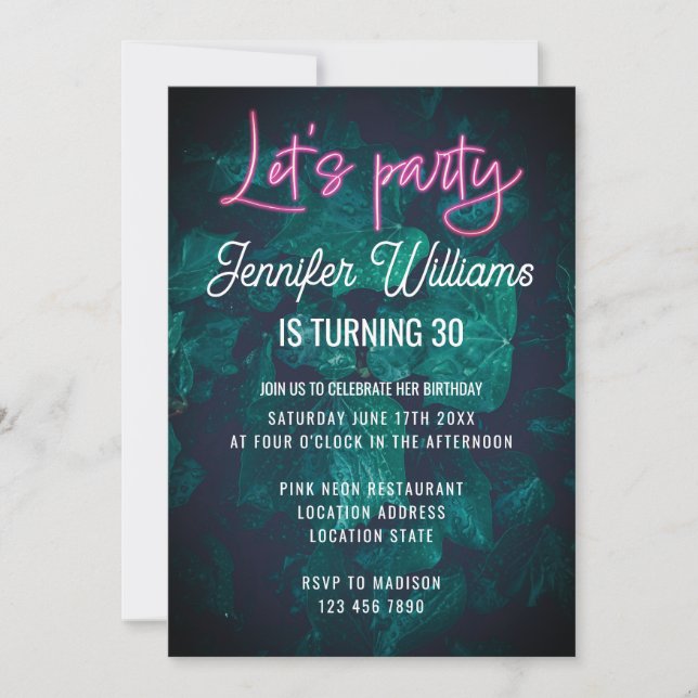 Lets party hot pink neon script foliage birthday invitation (Front)
