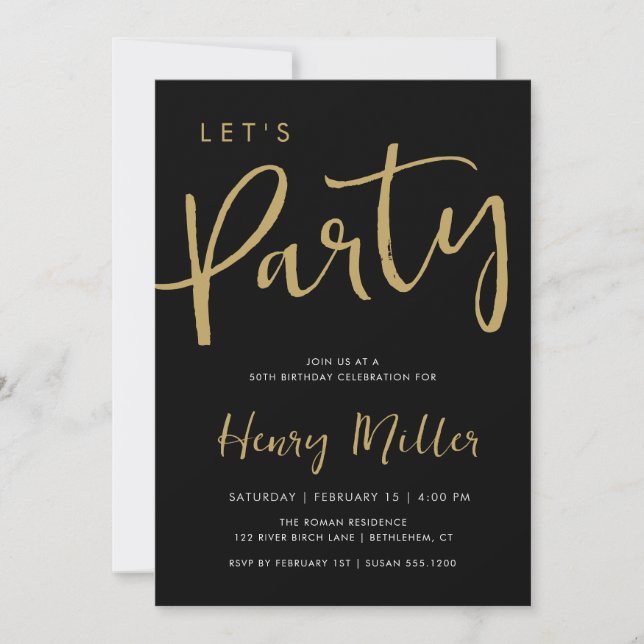 Let's Party Minimalist Birthday Black Gold Invitation (Front)