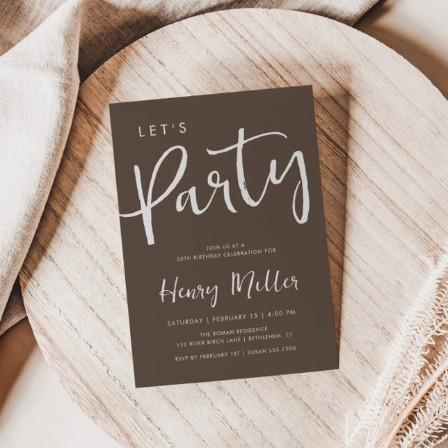 Let's Party Minimalist Birthday Celebration Brown Invitation (Creator Uploaded)