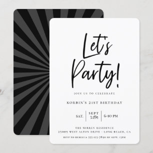 Let's Party Modern Black Script Birthday Invitation