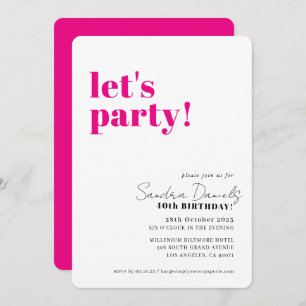 LET'S PARTY modern minimal birthday pink black Invitation