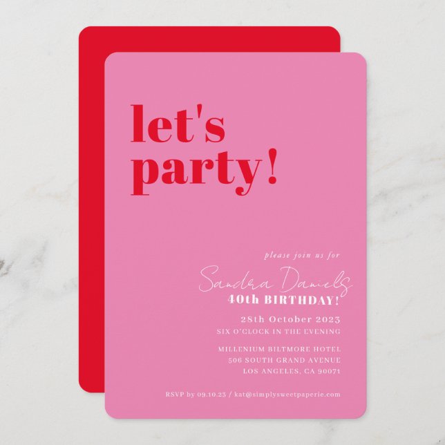 LET'S PARTY modern minimal birthday red pink Invitation (Front/Back)
