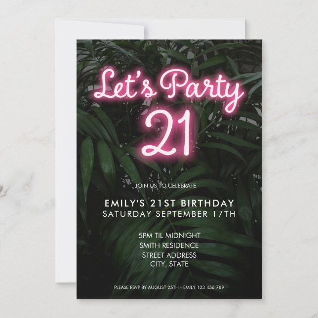 Let's Party Modern Neon 21st Birthday Invitation (Front)