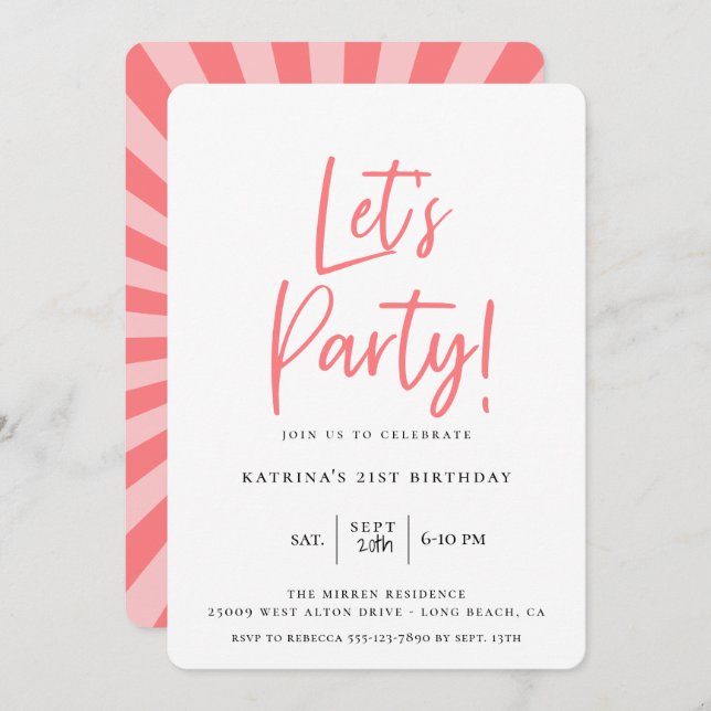 Let's Party Modern Pink Script Birthday Invitation (Front/Back)