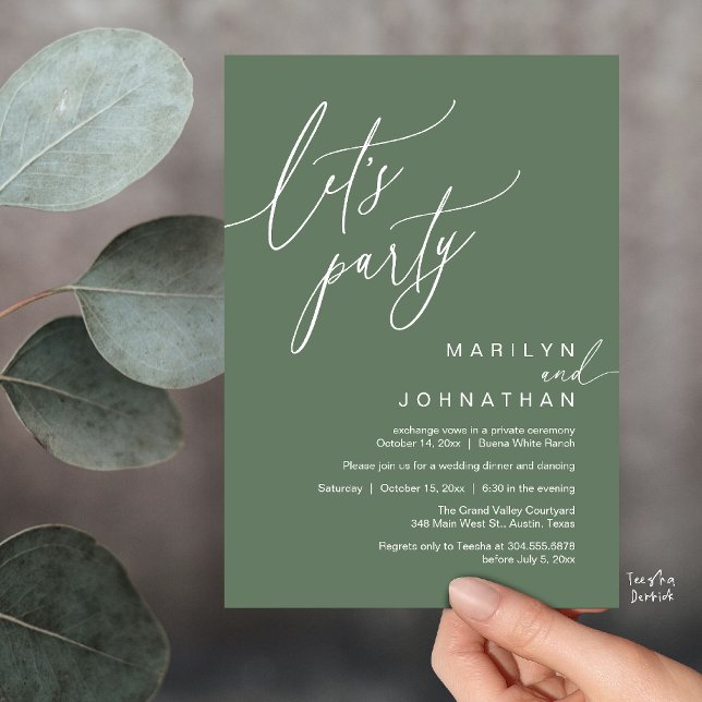 Let's Party, Modern Romantic Wedding Reception Invitation (Let's Party, Modern Romantic Wedding Reception Dinner Invitation Card in Sage Green)