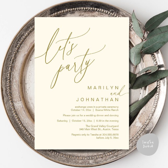 Let's Party, Modern Romantic Wedding Reception Invitation (Let's Party, Modern Romantic Wedding Reception Dinner Invitation Card in Yellow Cream)