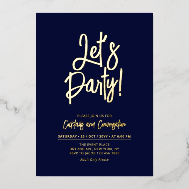 Let's Party | Navy Blue Chic Script Party Event (Front)