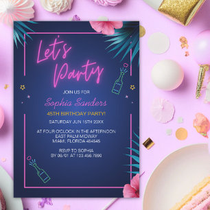 Let's Party Neon Electric Pink Birthday Invitation