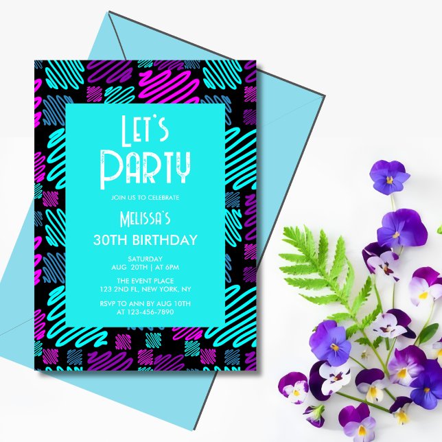 Let's Party Neon Geometric Pattern 30th Birthday Invitation (Creator Uploaded)
