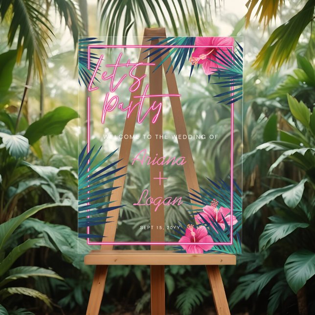 Let's Party Neon Pink Tropical Floral Palm Wedding Acrylic Sign (Let's Party Neon Pink Tropical Floral Palm Wedding Acrylic Sign)