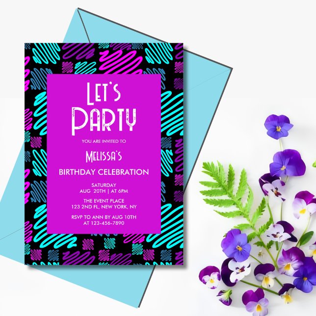 Let's Party Neon Purple Blue Geometric Birthday  Invitation (Creator Uploaded)