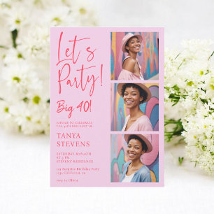 Let's party photo red pink forty birthday invitation