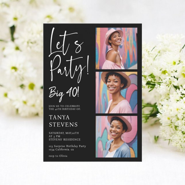Let's party photo white black forty birthday invitation (Let's party photo white black forty birthday invitation)