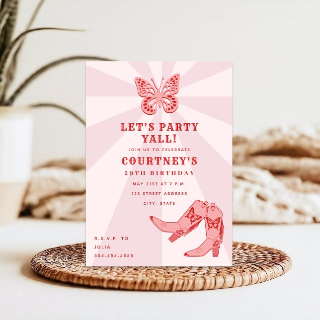 Let's Party Pink Cowgirl Boots Butterfly Birthday Invitation (Creator Uploaded)