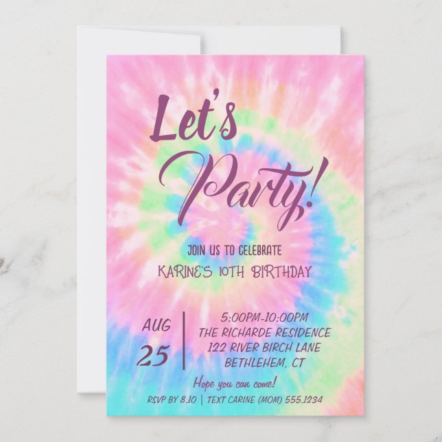 Let's Party, Pink Tie Dye birthday Invitation (Front)
