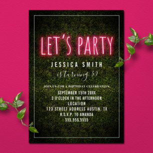 Let's Party Print Pink Neon Boxwood Birthday Invitation