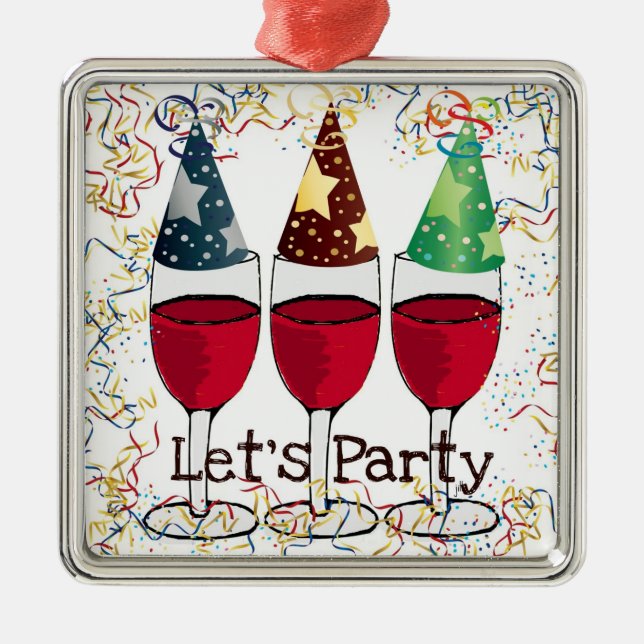 LET'S PARTY RED WINE PARTY HATS PRINT METAL TREE DECORATION (Front)