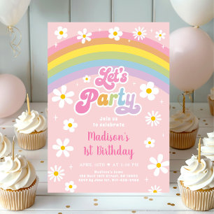 Let's Party Retro Daisy Rainbow Birthday Invitation