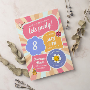 Let's Party Retro Groovy Pink Girl Birthday  Invitation