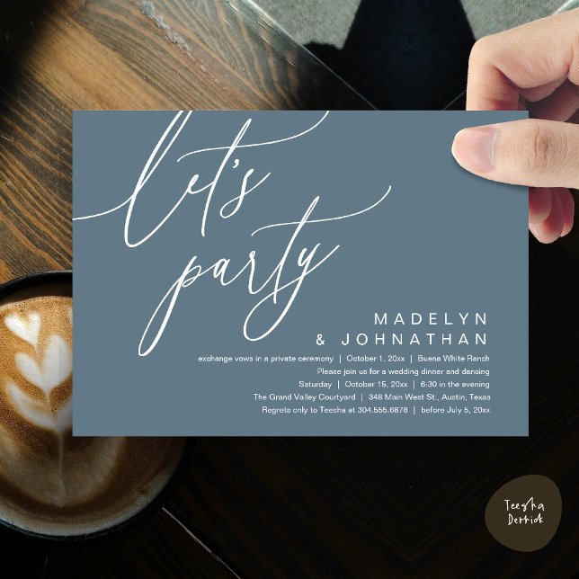 Let's Party, Romantic Wedding Dinner and Dancing Invitation (Let's Party, Romantic Charm Wedding Dinner Dancing Lunch Brunch Invitation Card PDF Dusty Blue)