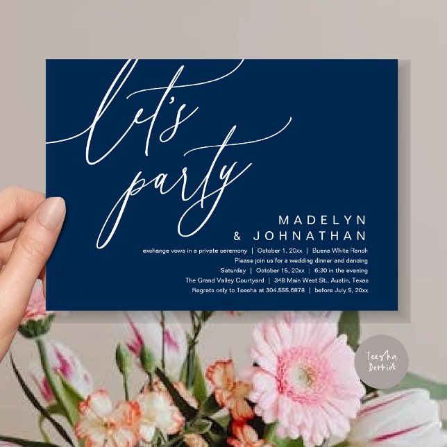 Let's Party, Romantic Wedding Dinner and Dancing Invitation (Let's Party, Romantic Charm Wedding Dinner Dancing Lunch Brunch Invitation Card PDF Navy Blue)