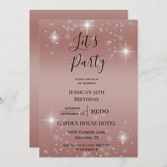 Let's Party Rose Gold Glitter & Sparkles Birthday Invitation (Front/Back)