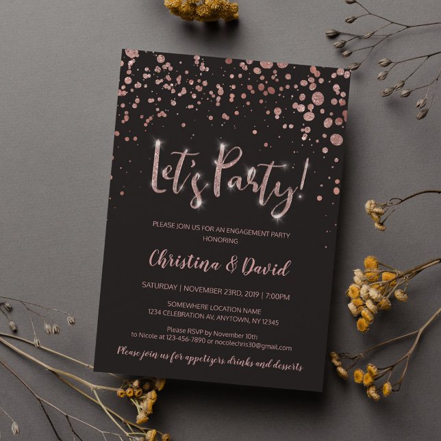 "Let's Party" Rose Gold Grey Elegant Engagement Invitation (Creator Uploaded)