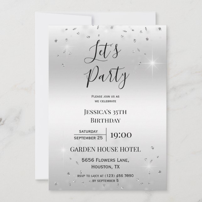 "Let's Party" Silver Glitter & Sparkles Birthday Invitation (Front)