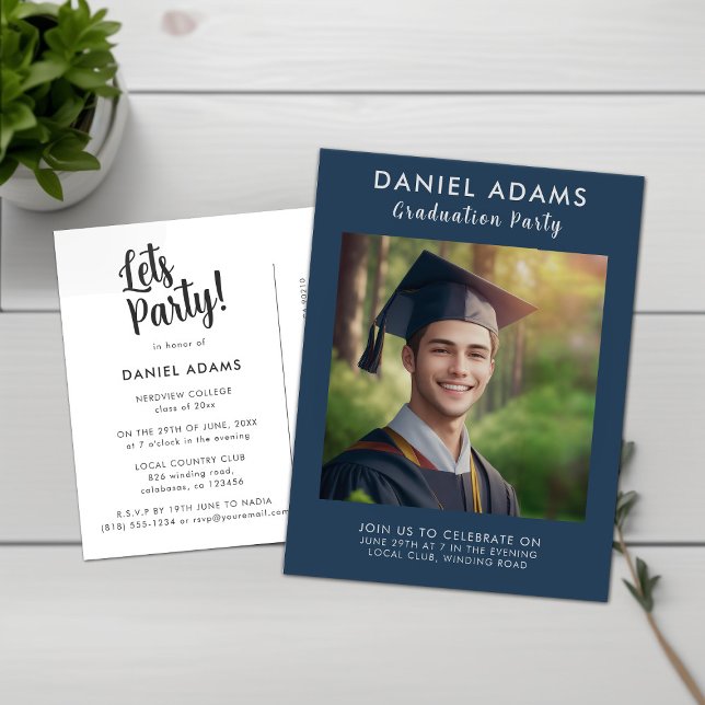 Lets Party | Simple Navy Blue Border Grad Party Postcard (Creator Uploaded)