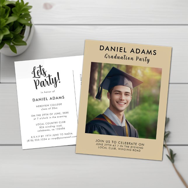 Lets Party | Simple Script Grad Party Invitation Postcard (Creator Uploaded)
