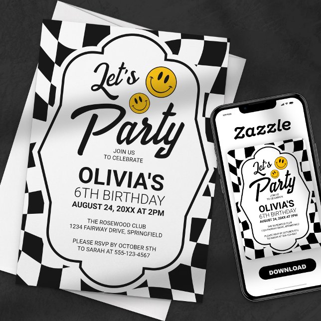 Let's Party Smile Face Retro Chequered Birthday Invitation (Creator Uploaded)