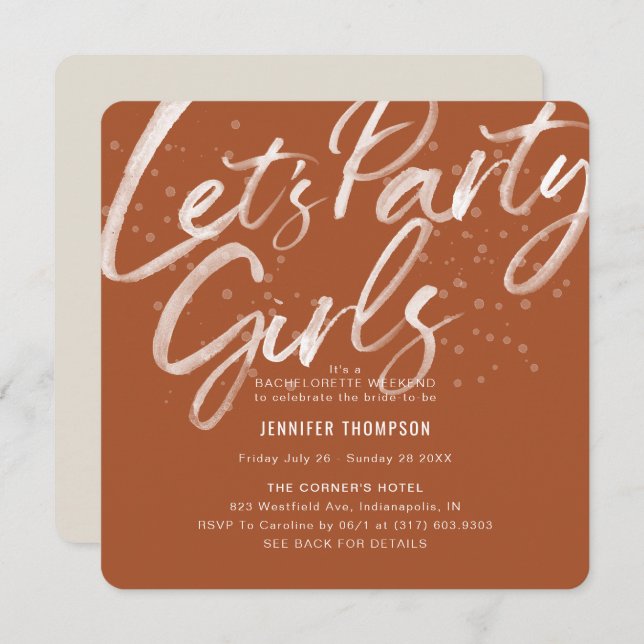Let's Party Terracotta Bachelorette Party Invitation (Front/Back)