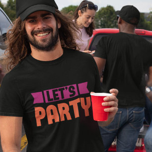 Let's Party Text Purple and Orange on Black T-Shirt