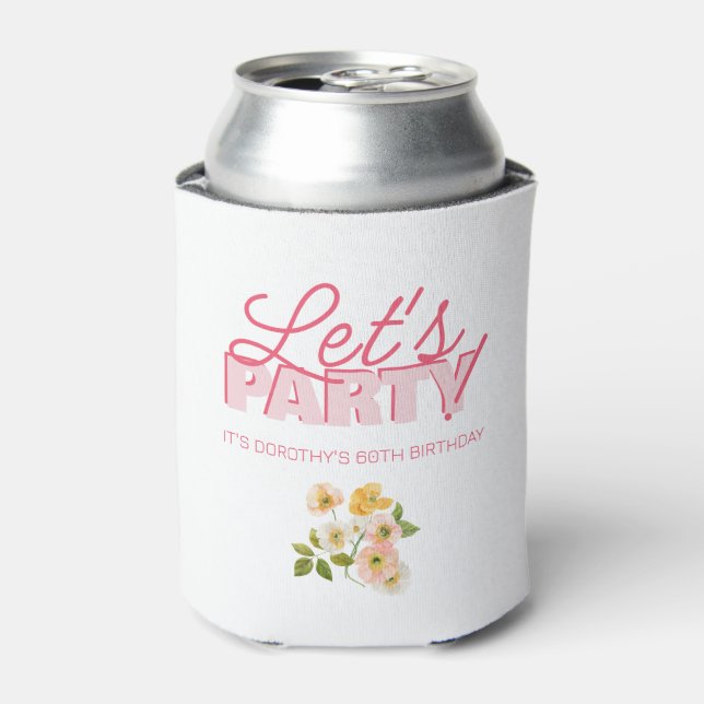 Let's Party Trendy Pink Lettering 60th Birthday Can Cooler (Can Front)
