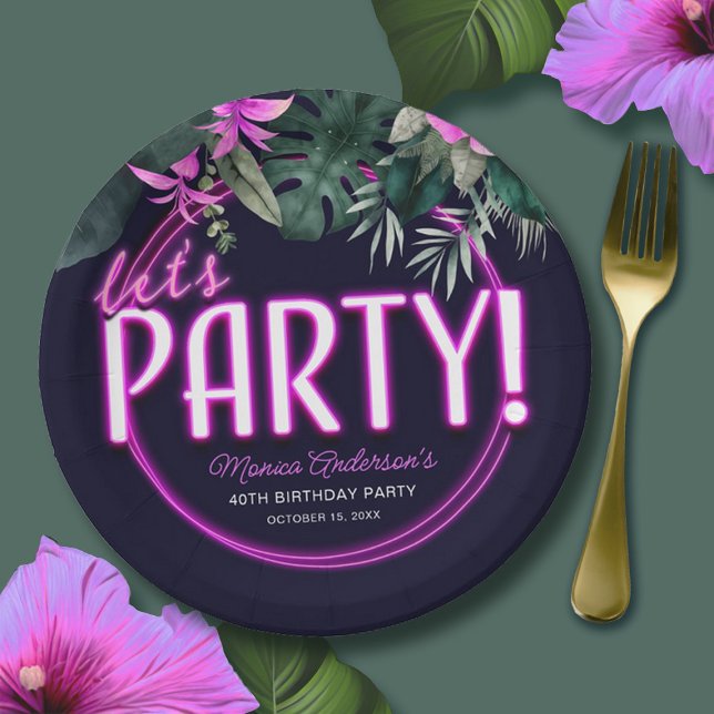 Let's Party Tropical Pink Neon Birthday Paper Paper Plate (Let's Party Tropical Pink Neon Birthday Paper Plat Paper Plates)