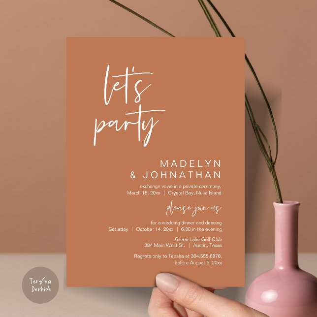 Let's Party, Wedding Elopement Dinner and Dancing Invitation (Let's Party, Modern Wedding Elopement Dinner and Dancing Invitation Card, PDF, in Copper Rust)