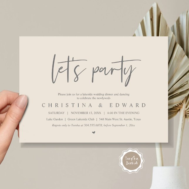 Let's Party, Wedding Elopement, Modern Minimalist Invitation (Let's Party, Wedding Elopement Dinner Invitation Card, Printed and Digital File, in Grey and Cream)