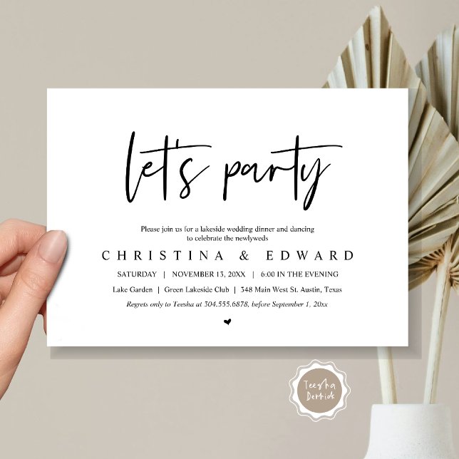 Let's Party, Wedding Elopement, Modern Minimalist Invitation (Let's Party, Wedding Elopement Dinner Invitation Card, Printed and Digital File, in Black and White)