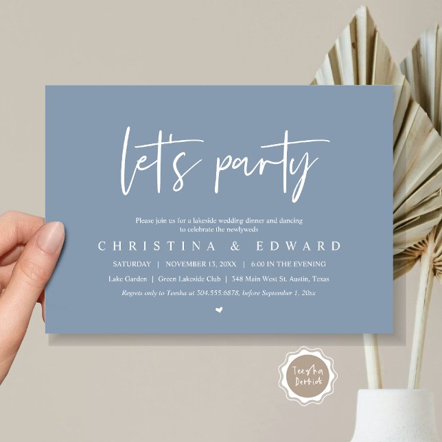Let's Party, Wedding Elopement, Modern Minimalist Invitation (Let's Party, Wedding Elopement Dinner Invitation Card, Printed and Digital File, in dusty blue)