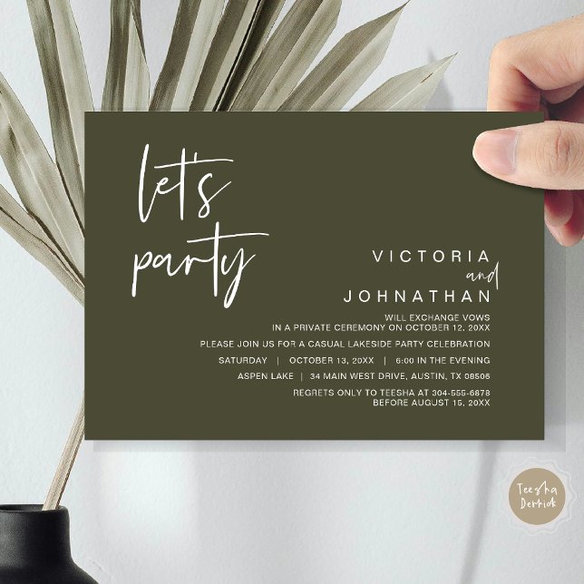 Let's Party, Wedding Elopement Party Invitation (Let's Party, Wedding Elopement Dinner Invitation Card, Modern Minimalist Script, in Olive green)