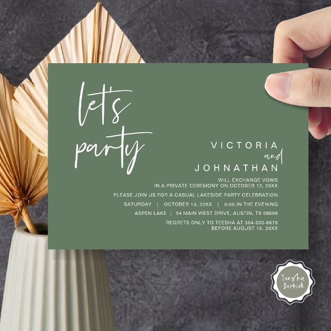 Let's Party, Wedding Elopement Party Invitation (Let's Party, Wedding Elopement Dinner Invitation Card, Modern Minimalist Script, in Sage Green)